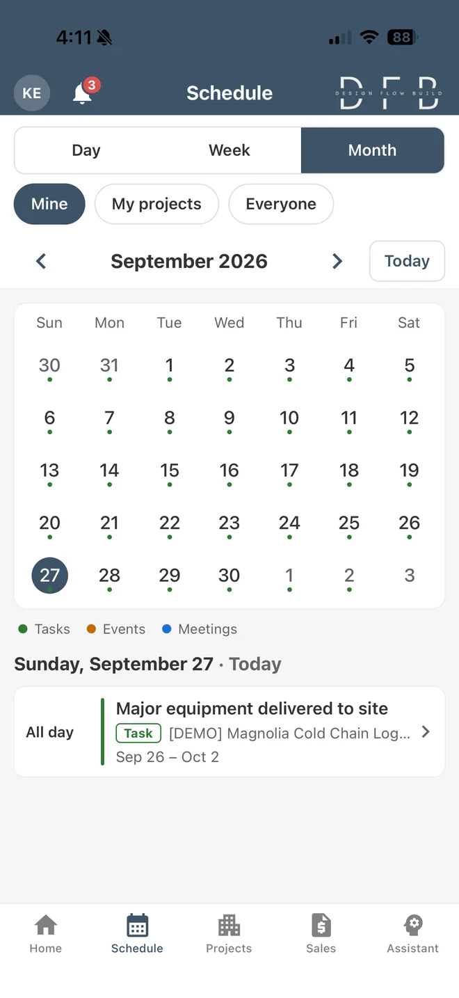 Schedule screen in Month view, with Day, Week and Month options, Mine, My projects and Everyone filters, and a legend for tasks, events and meetings.