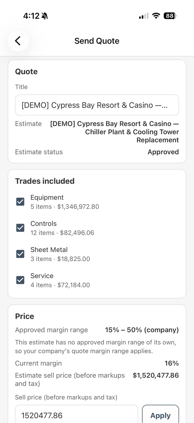 Send Quote screen for an approved estimate, listing the trades included in the quote with each trade’s item count and amount.